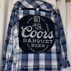 COORS BANQUET BLUE BLACK PLAID UPCYCLE HANDMADE ONE OF A KIND CASUAL SHIRT OSFM